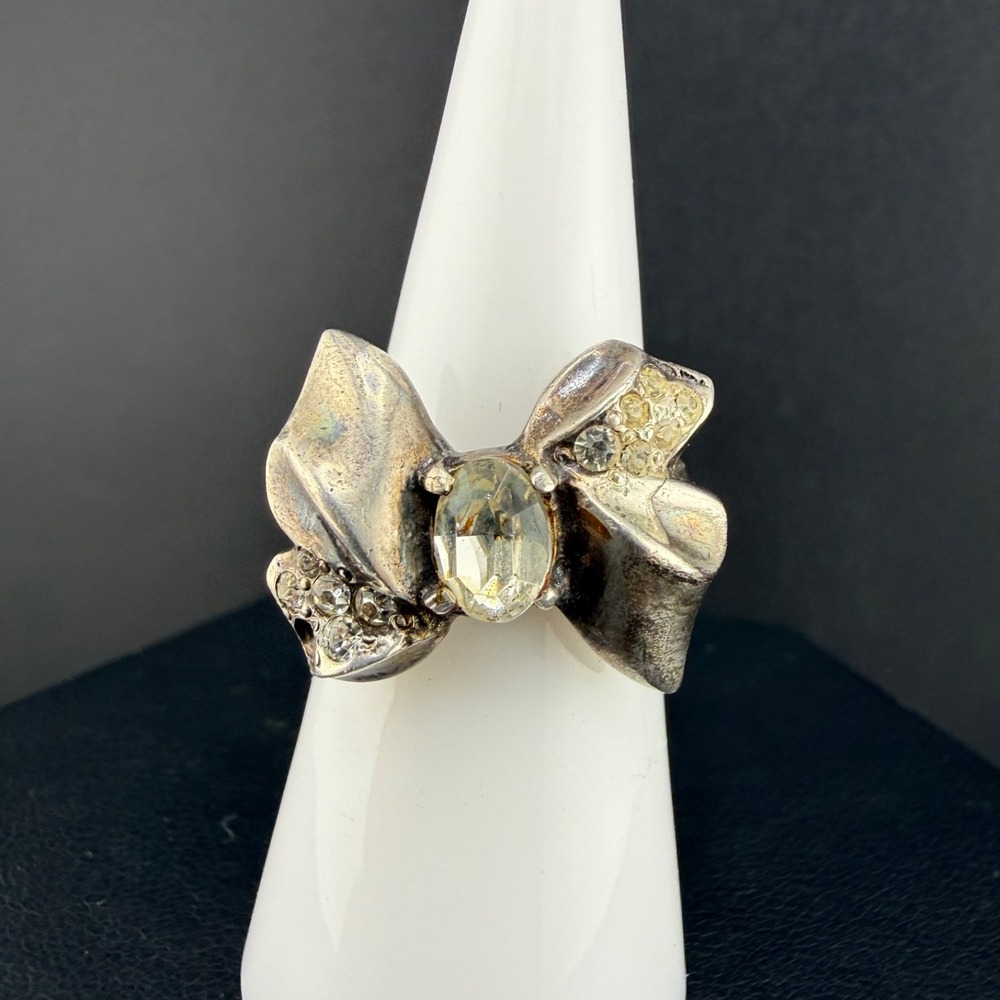 Vintage Sterling Silver Bow Ring Rhinestone Size 6 READ